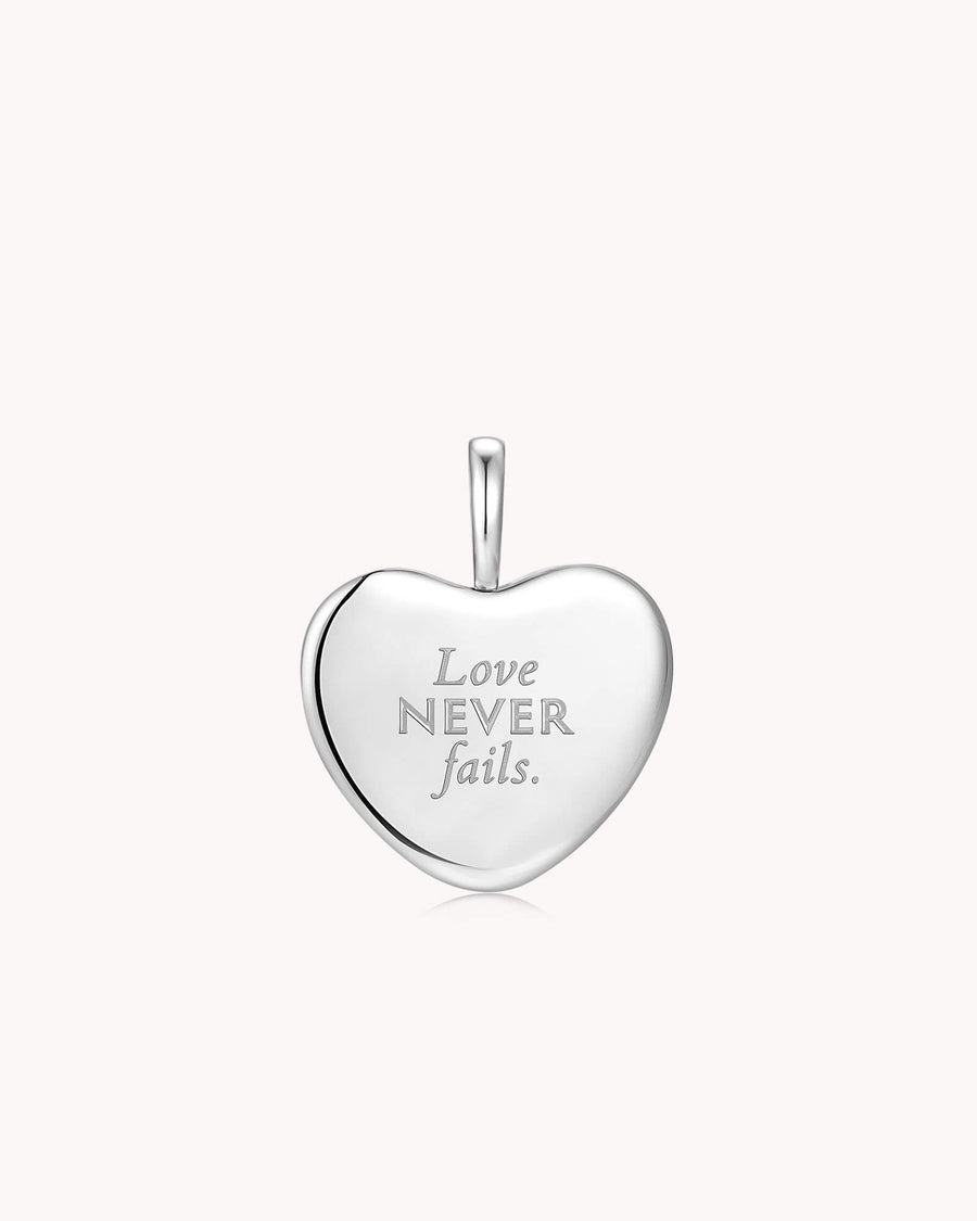 Love Never Fails 1 Corinthians 13:8 White Gold Heart Pendant