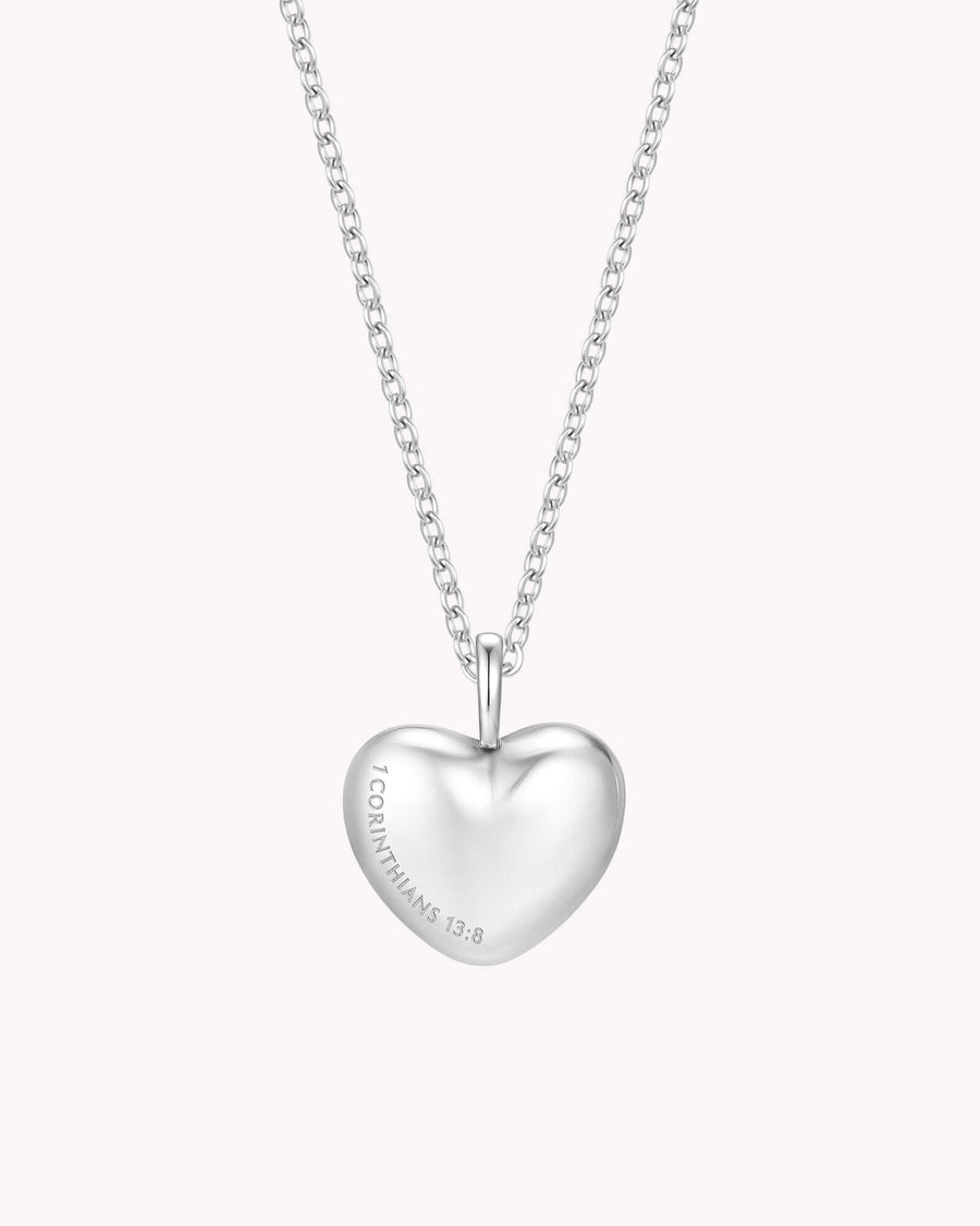 1 Corinthians 13:8 Love Never Fails White Gold Heart Necklace