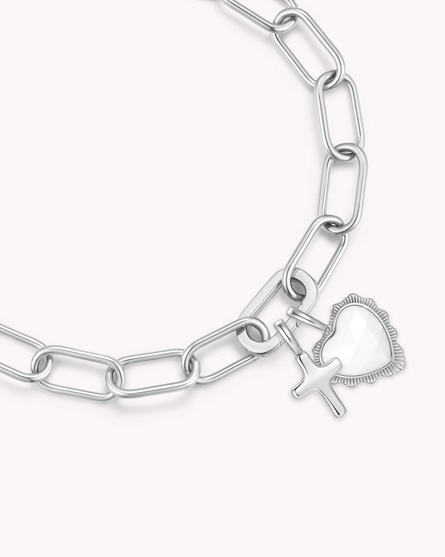 Proverbs 31:28 White Gold Heart Puff Cross Charm Bracelet