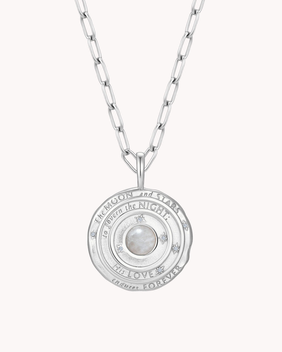 Psalm 136:9 The Moon and Stars White Gold Small Link Chain Necklace