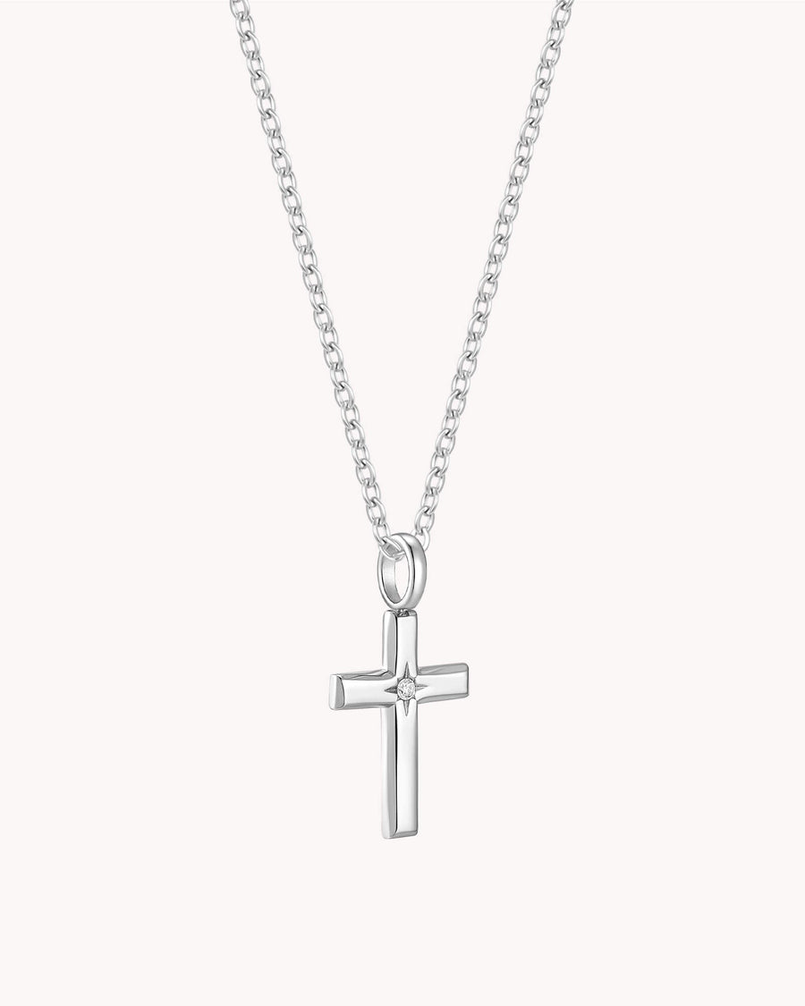 White Gold Bright Morning Star Cross Cable Chain Necklace