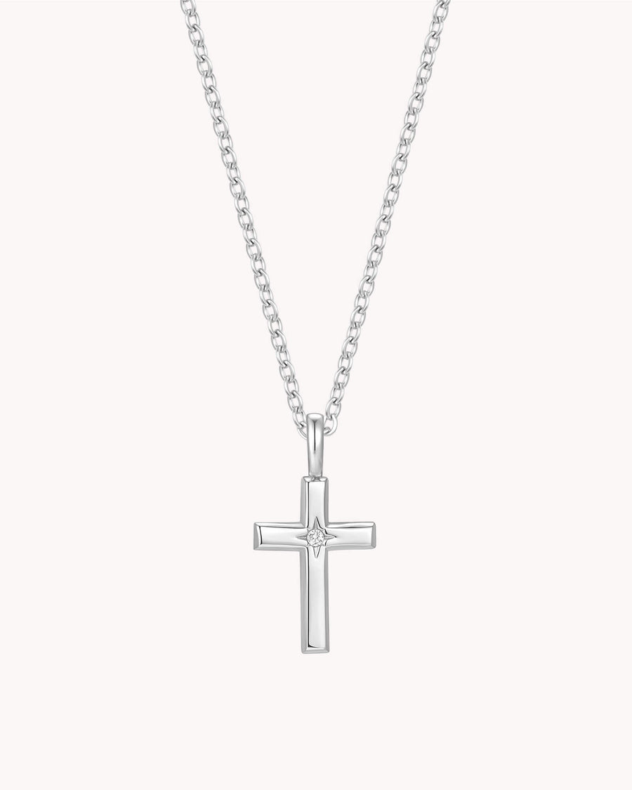 White Gold Bright Morning Star Cross Cable Chain Necklace