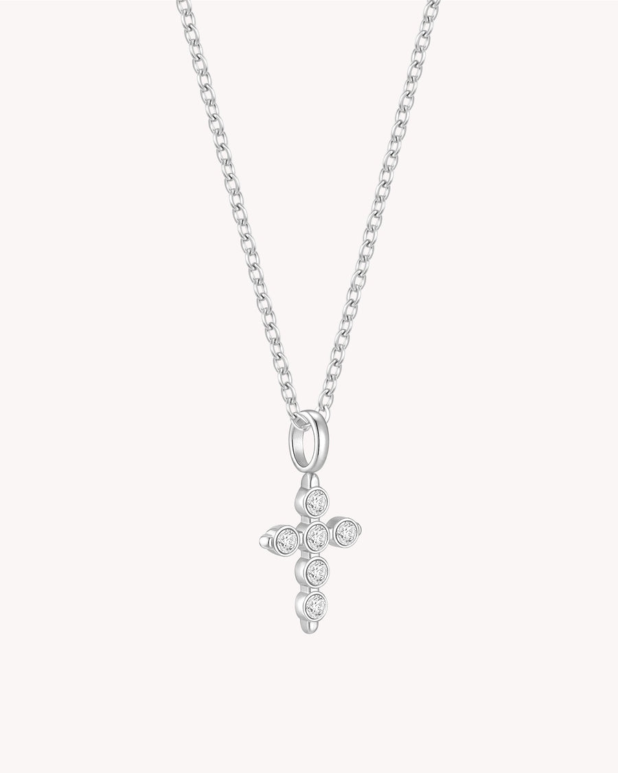 White Gold Delicate CZ Cross Cable Chain Necklace