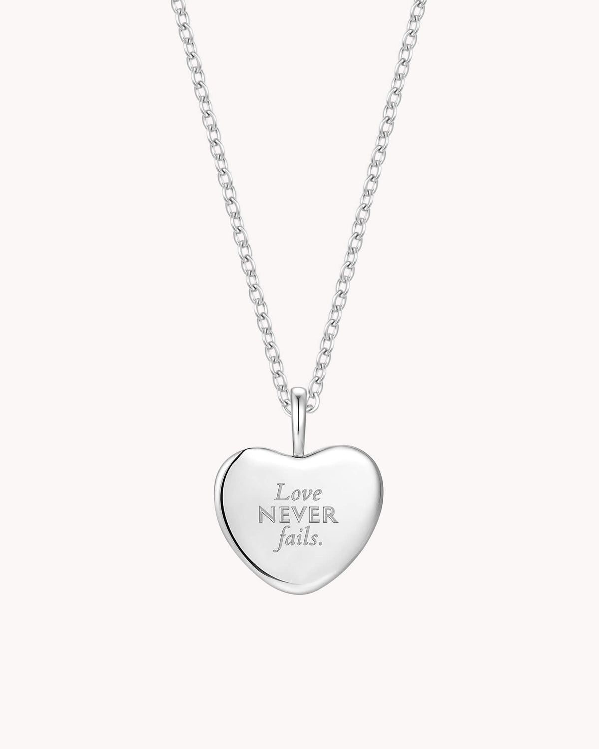 1 Corinthians 13:8 Love Never Fails White Gold Heart Necklace — 2