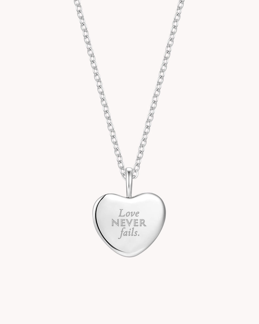 1 Corinthians 13:8 Love Never Fails White Gold Heart Necklace