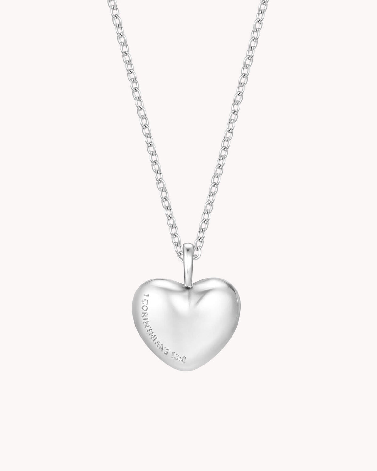 1 Corinthians 13:8 Love Never Fails White Gold Heart Necklace