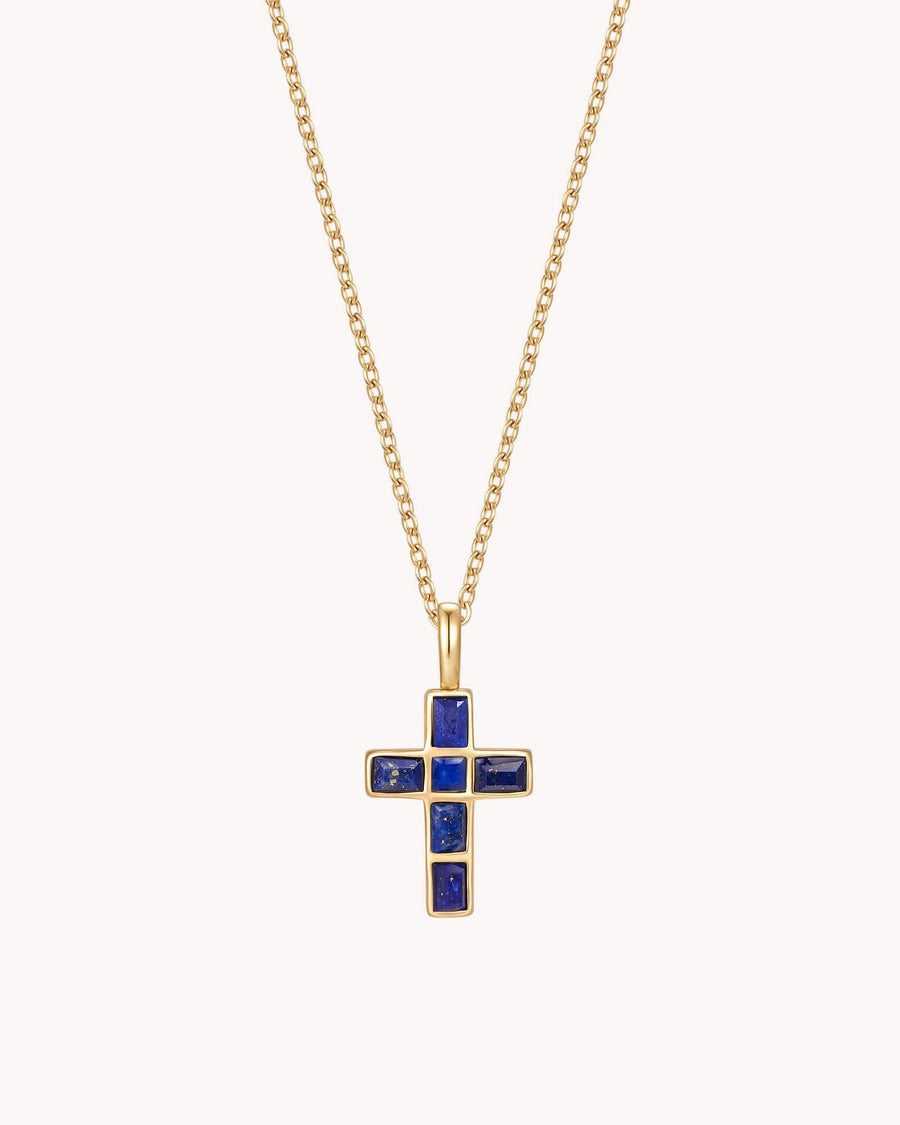Gold Mosaic Lapis Lazuli Cross Cable Chain Necklace