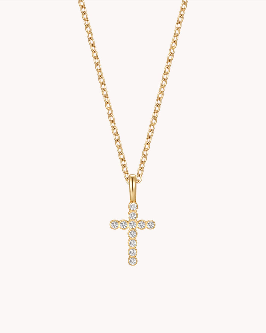 Gold Refined CZ Cross Cable Chain Necklace