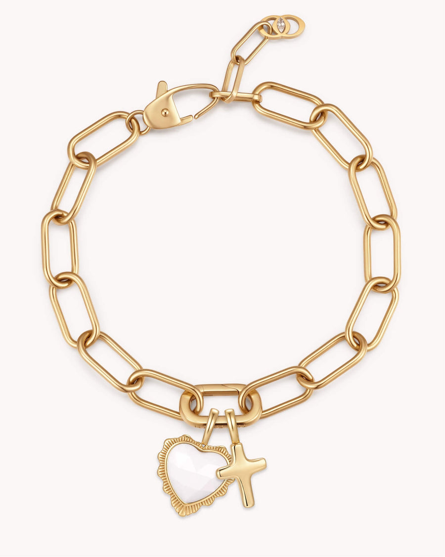 John 16:33 Gold Heart Puff Cross Charm Bracelet