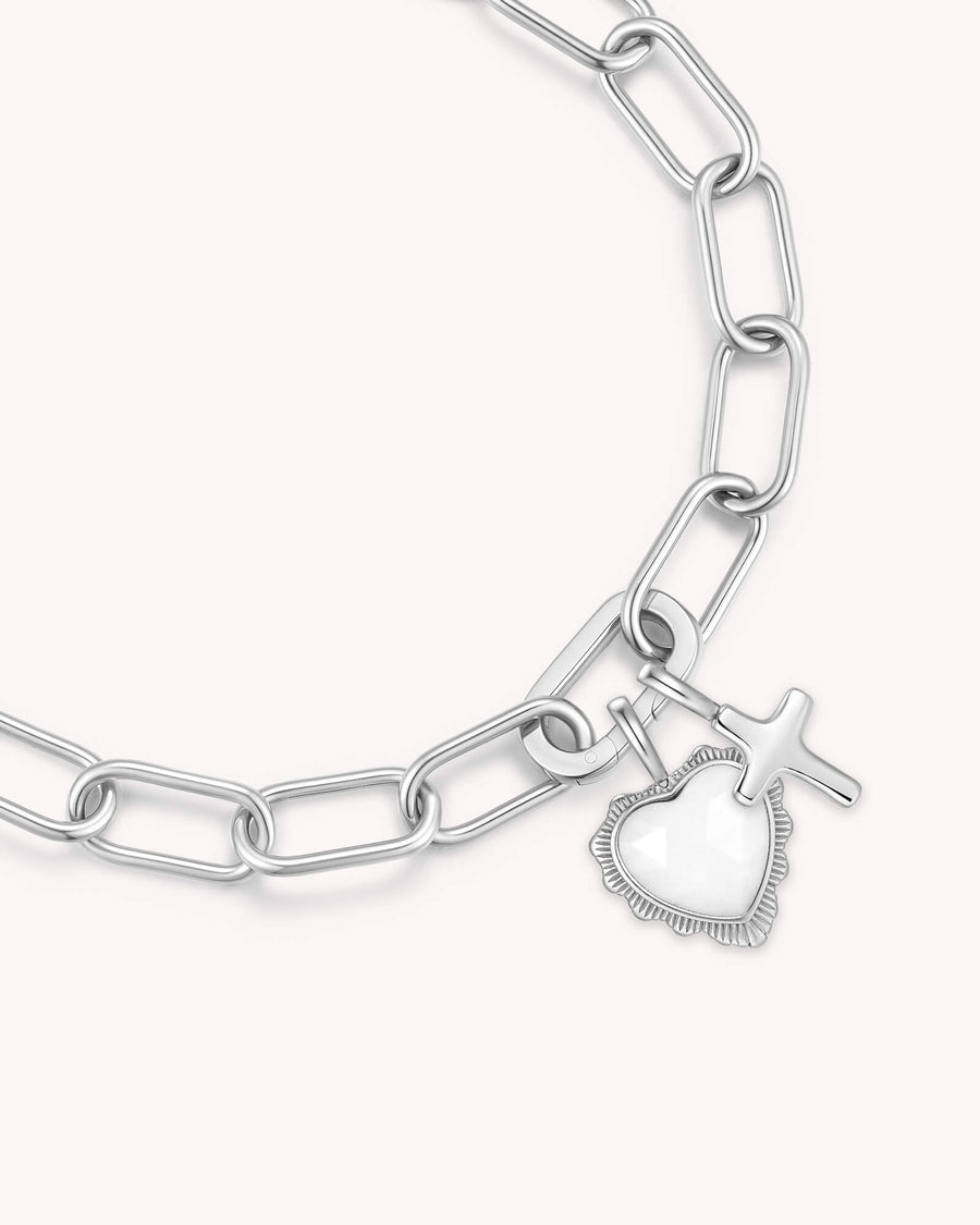 John 16:33 White Gold Heart Puff Cross Charm Bracelet
