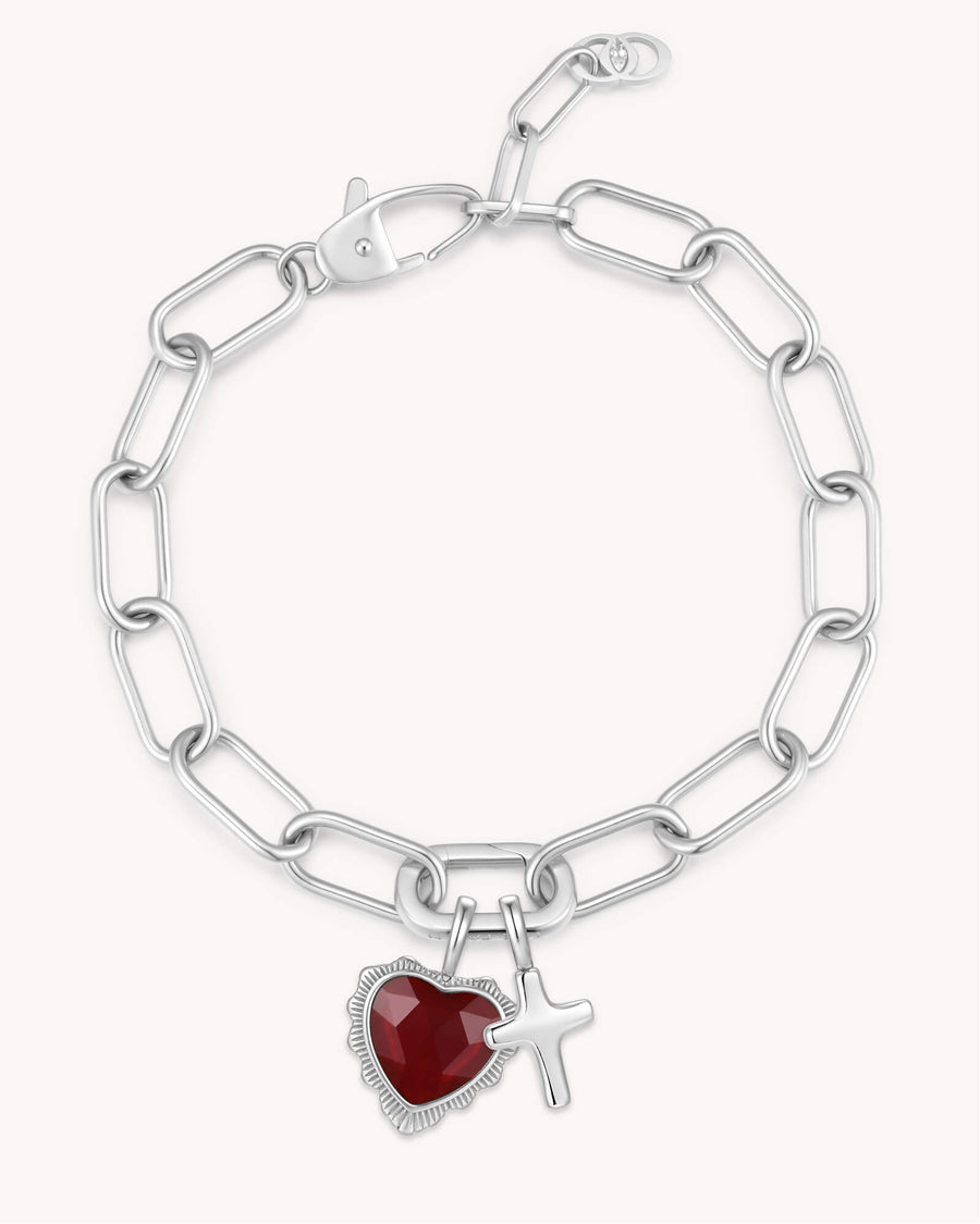 John 3:16 White Gold Heart Puff Cross Charm Bracelet