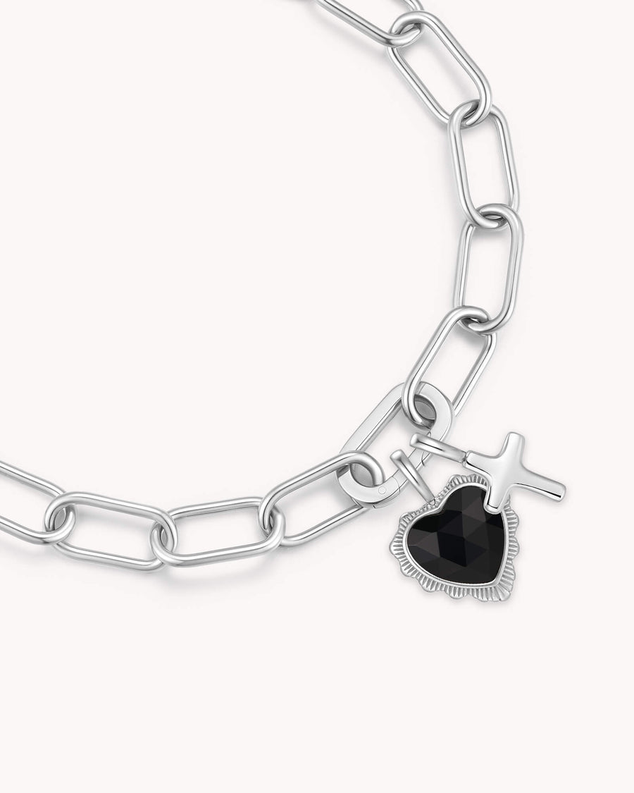 Proverbs 3:5-6 White Gold Heart Puff Cross Charm Bracelet