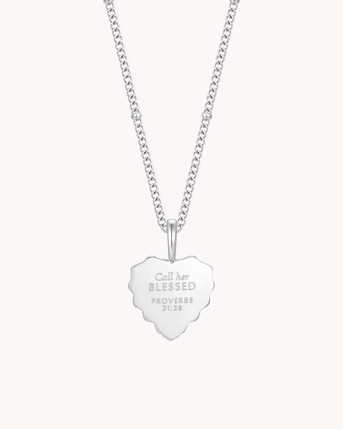 Proverbs 31:28 Call Her Blessed White Gold Heart Necklace — 2