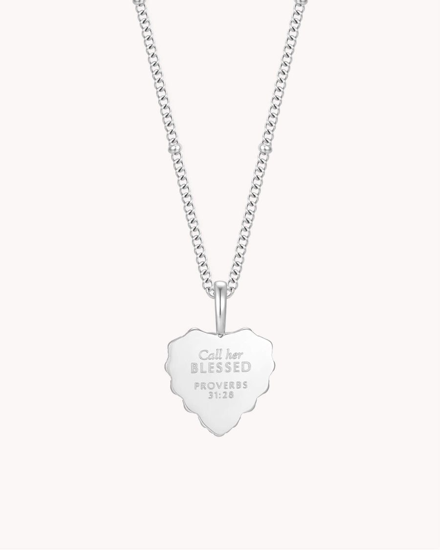 Proverbs 31:28 Call Her Blessed White Gold Heart Necklace