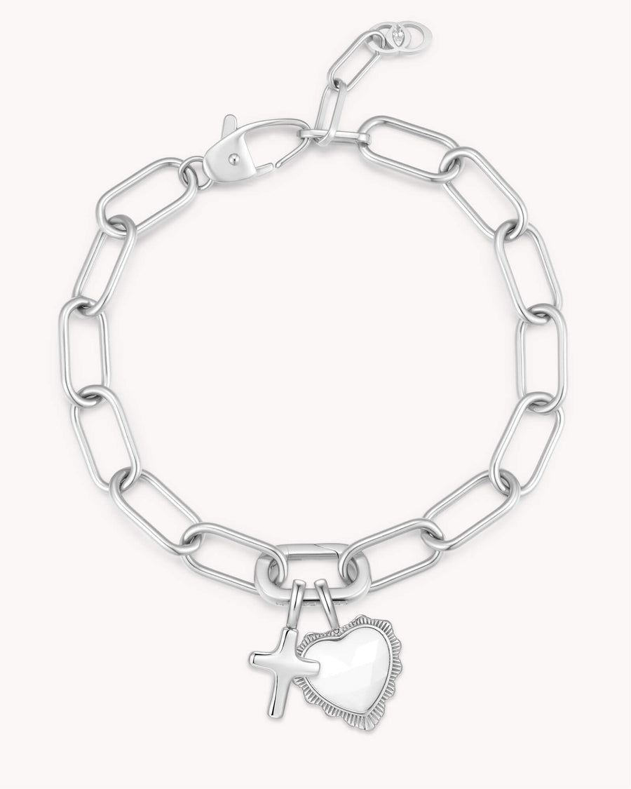 Proverbs 31:28 White Gold Heart Puff Cross Charm Bracelet