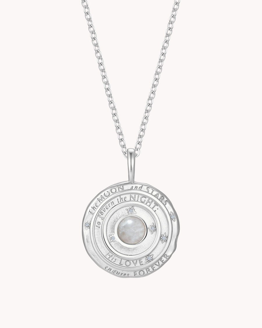 Psalm 136:9 The Moon and Stars White Gold Cable Chain Necklace