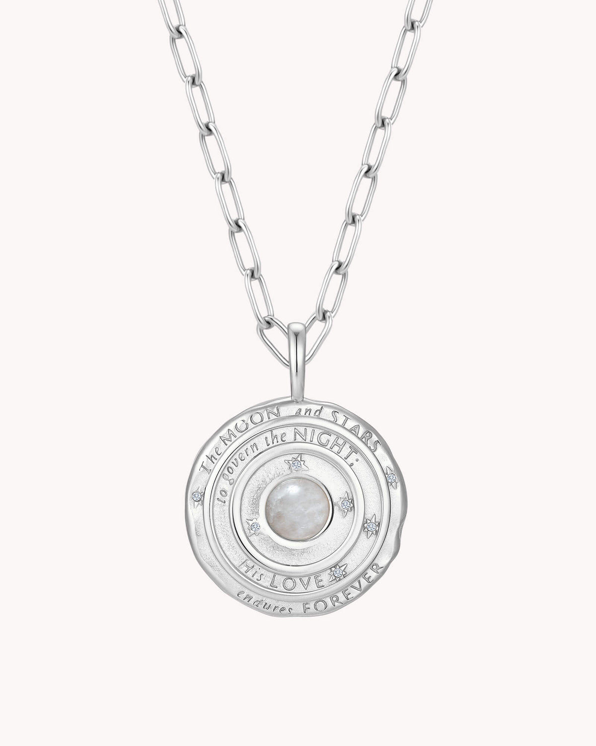 Psalm 136:9 The Moon and Stars White Gold Small Link Chain Necklace