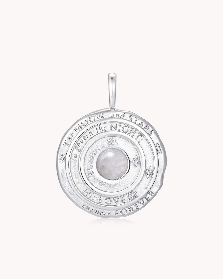 The Moon and Stars Psalm 136:9 White Gold Moonstone Medallion