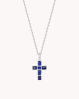 White Gold Mosaic Lapis Lazuli Cross Cable Chain Necklace
