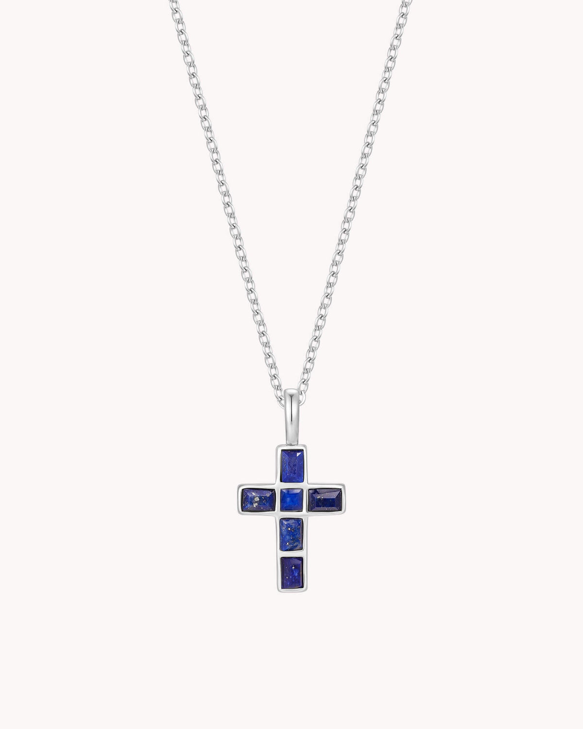 White Gold Mosaic Lapis Lazuli Cross Cable Chain Necklace